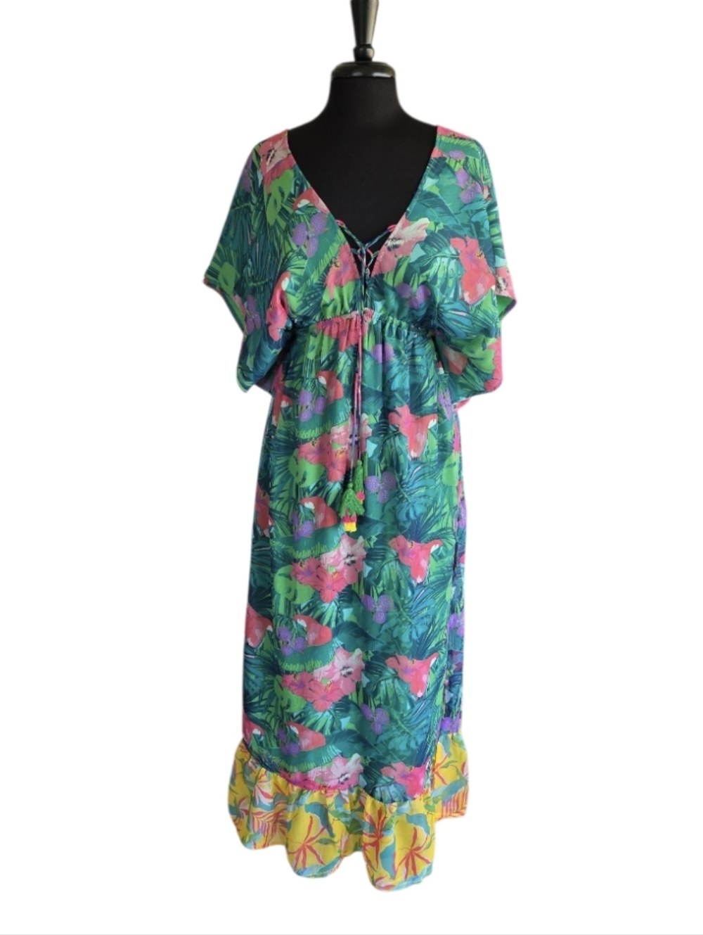 America & Beyond Tropical Floral Maxi Dress - Green & Pink Vacation Resortwear